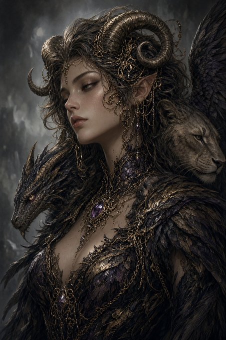 A detailed fantasy illustration of an elven-like female character with large curved ram horns, adorned in intricate dark armor with gold chains and purple gems, accompanied by a dragon and a lion-like creature.