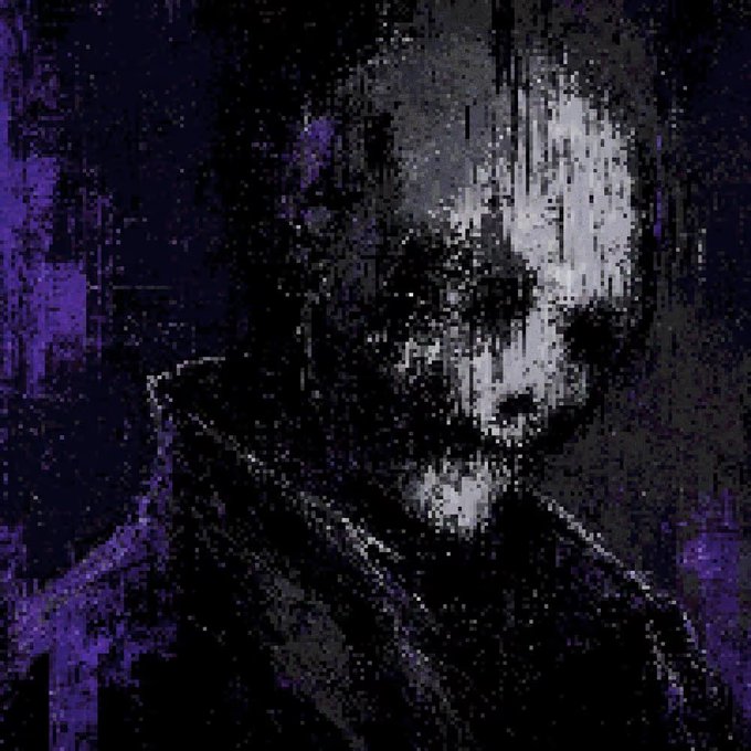 A dark, heavily pixelated or glitch-art style portrait of a figure wearing a hooded jacket, rendered in shades of black, white, and purple.