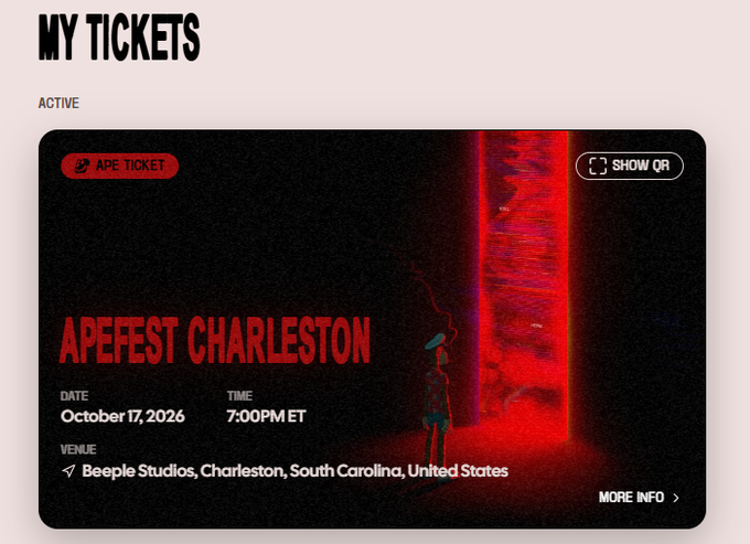 A digital ticket interface titled "MY TICKETS" displaying an "APE TICKET" for "APEFEST CHARLESTON" on October 17, 2026, at 7:00 PM ET, held at Beeple Studios, Charleston, South Carolina.