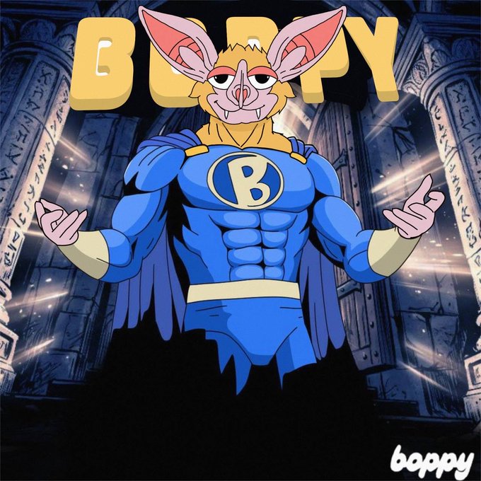 An illustrated muscular bat-like character wearing a blue superhero costume with a 'B' emblem and cape, standing in front of an archway with the text 'BAPPY'.