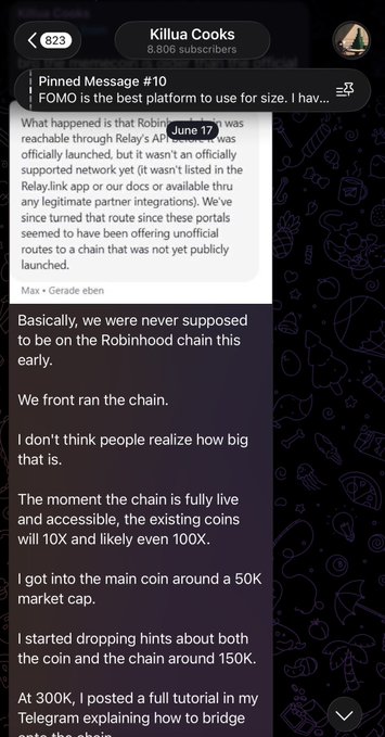 A Telegram channel post from "Killua Cooks" (8.8K subscribers) pinned on June 17 discusses launching the Floki/FOMO token via Robinhood's API, revealing the chain was not officially supported and coins are poised for 10X-100X gains after entry near a 50K market cap. The image promotes the channel's crypto insights, aligning with the caption's emphasis on valuable communication and community-driven token launches.