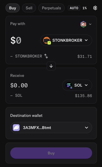 A dark-mode cryptocurrency trading interface shows options to Buy, Sell, Perpetuals, and AUTO, with the user paying with STONKBROKER ($31.71) to receive SOL ($135.86).