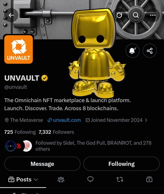 An X (Twitter) profile page for @unvault, describing itself as 'The Omnichain NFT marketplace & launch platform' operating across 8 blockchains, featuring a golden robot character as the profile picture.