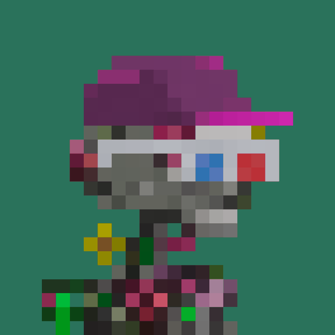 A pixelated, blocky figure with purple hair and a grey mask against a green background, rendered in a low-resolution digital art style.