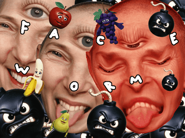 A meme image showing a person's face distorted into a red fruit-like appearance with cartoon bombs, an apple, and grapes, overlaid with scattered letters spelling 'F A C E B O O K'.