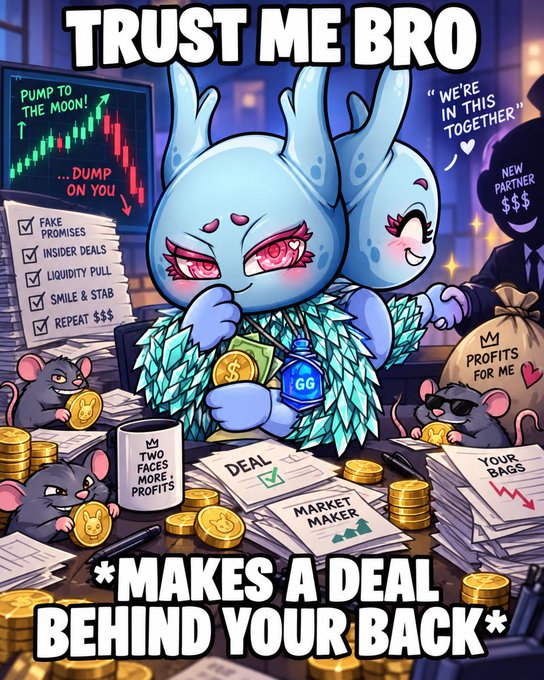 A satirical cartoon illustration featuring a central light-blue rabbit-like character holding a gold coin and a bag of 'GG' powder, surrounded by mice with coins, checklists like 'FAKE PROMISES' and 'LIQUIDITY PULL', and a figure in the shadows labeled 'NEW PARTNER $$$'; text reads 'TRUST ME BRO' and '*MAKES A DEAL BEHIND YOUR BACK*'.