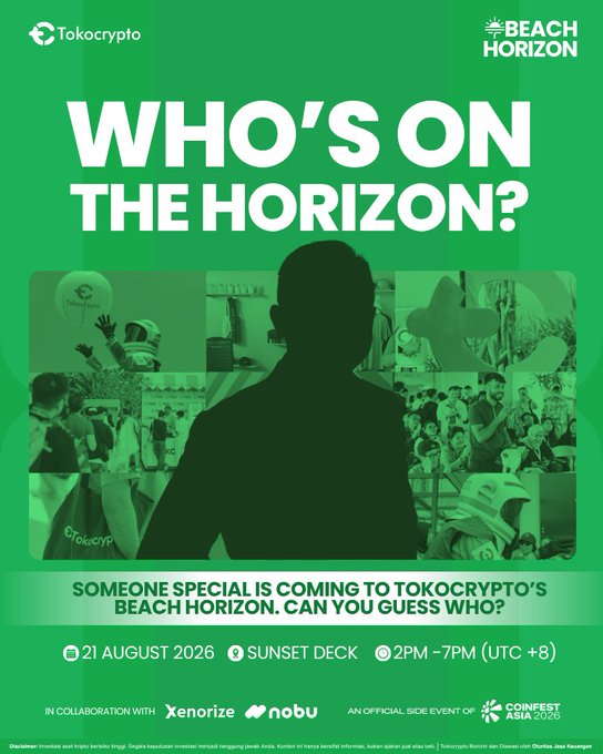 This promotional graphic for Tokocrypto's Beach Horizon event teases an upcoming mystery guest appearance with the headline "WHO'S ON THE HORIZON?" and features a silhouetted figure against a green background with a collage of event photos. The event details indicate it will take place on 21 August 2026, from 2PM-7PM (UTC +8) at Sunset Deck, in collaboration with Xenorize and Nobu as an official side event of Coinfest Asia 2026.