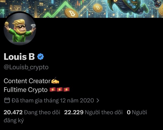A Twitter/X profile for 'Louis B' (@Louisb_crypto), a verified 'Content Creator' and 'Fulltime Crypto' user from Vietnam, joined December 2020, with 20,472 following and 22,229 followers.