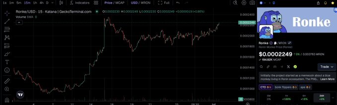 A screenshot of a cryptocurrency trading chart for Ronke (RONKE/USD) on the DexScreener terminal, showing a price of $0.0002249 and a market cap, alongside the project's profile details.