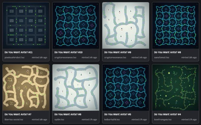 A grid of NFT thumbnails titled 'Do You Want Ants?' displays various procedurally generated ant colony patterns with usernames like 'cryptoresonance.tcz' and 'sansfamz.tcz' beneath each tile.