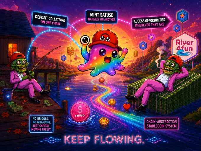 A vibrant, surreal promotional graphic for 'River 4fun' featuring a rainbow-colored creature wearing an orange cap, flanked by two pink-suited green characters, highlighting features like 'DEPOSIT COLLATERAL ON ONE CHAIN', 'MINT satUSD NATIVELY ON ANOTHER', and 'ACCESS OPPORTUNITIES WHEREVER THEY ARE', with the slogan 'KEEP FLOWING'.