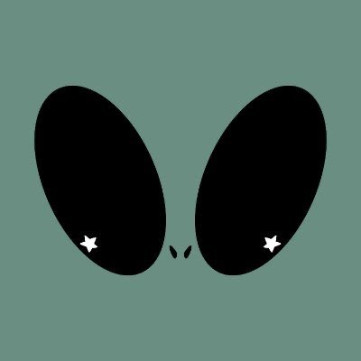 A minimalist illustration of an alien's face featuring two large black almond-shaped eyes with small pink stars and a tiny nose against a sage green background, representing the art style of the @zorpians NFT collection being mentioned for an upcoming mint.