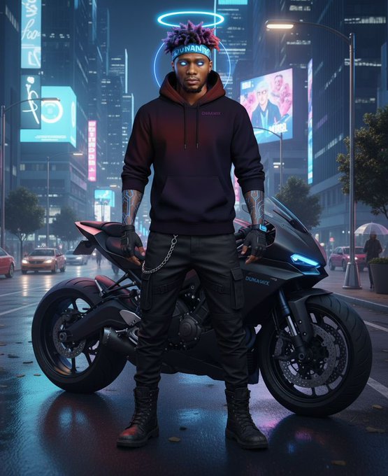 A stylized digital artwork of a man with glowing eyes and a halo standing in front of a sleek black motorcycle in a cyberpunk-style neon-lit city street.