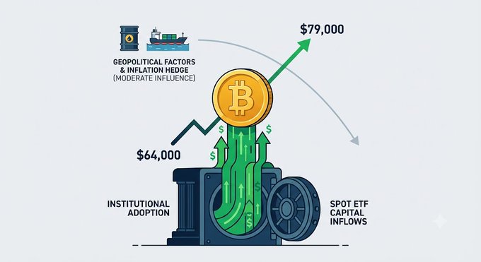 Infographic illustrating Bitcoin price drivers, showing institutional adoption, spot ETF capital inflows, and geopolitical factors & inflation hedge pushing the price from $64,000 to $79,000.