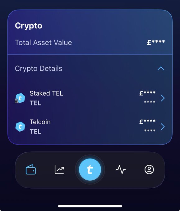 A Telcoin crypto app interface showing 'Crypto' with 'Total Asset Value' and 'Crypto Details' for 'Staked TEL' and 'Telcoin TEL'.