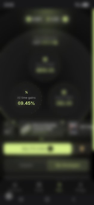 A blurred mobile app interface highlighting an 'All time gains' percentage of 69.45% in a dark theme.