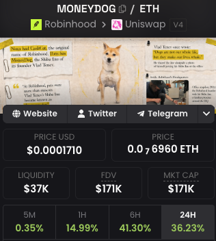 The image shows a cryptocurrency tracking page for the $MONEYDOG/ETH token, displaying a price of $0.0001710 (0.00006960 ETH), market cap of $171K, liquidity of $37K, and 24-hour gains of 36.23%, available on Robinhood and Uniswap V4. The Shiba Inu mascot and meme-themed presentation reinforce the poster's playful argument that $MONEYDOG has strong potential for growth given its low market cap relative to other "dog" tokens.