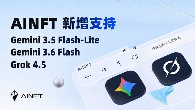 The image is a promotional graphic announcing that AINFT now supports three new AI models: Gemini 3.5 Flash-Lite, Gemini 3.6 Flash, and Grok 4.5, featuring the AINFT logo alongside icons representing the integrated platforms.

While the accompanying post discusses AINFT's security measures against scams and phishing, the image itself focuses on platform expansion rather than safety features, suggesting AINFT is highlighting its growing ecosystem of AI integrations as part of its broader commitment to community growth and innovation.