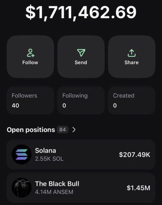 A portfolio screenshot showing a $1,711,462.69 balance with 40 followers, 84 open positions including $207.49K in Solana (2.55K SOL) and $1.45M in "The Black Bull" (4.14M $ANSEM), seemingly used as proof of holdings to encourage entries for a $SOL giveaway that requires users to drop their Solana address, like, repost, and follow.