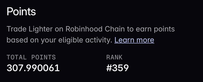 A dark-themed digital dashboard titled 'Points' displays the text 'Trade Lighter on Robinhood Chain to earn points based on your eligible activity', showing 'TOTAL POINTS 307.990061' and 'RANK #359'.