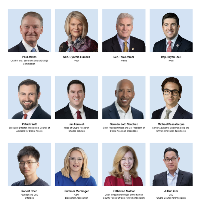 A grid of twelve headshots of notable figures in finance and crypto policy, such as Paul Atkins (Chair of U.S. Securities and Exchange Commission), Sen. Cynthia Lummis (R-WY), Rep. Tom Emmer (R-MN), Rep. Bryan Steil (R-WI), Patrick Witt, Jim Ferraioli, German Soto Sanchez, Michael Passalacqua, Robert Chen (CEO of OtterSec), Summer Mersinger (CEO of Blockchain Association), Katherine Molnar, and Jii Hun Kim (Crypto Council for Innovation).