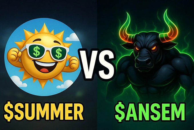 A vibrant "VS" graphic contrasts a cheerful sun mascot wearing dollar-sign sunglasses labeled "$SUMMER" against a fierce, glowing black bull labeled "$ANSEM," visually depicting the post's narrative that $SUMMER has dethroned $ANSEM as the next bullish crypto opportunity with a $0.7 presale entry ahead of a planned $1 launch.