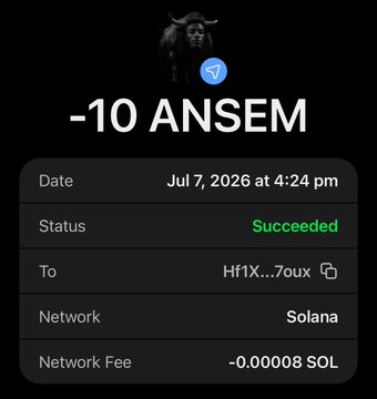 The image shows a successful Solana transaction confirmation for -10 ANSEM (ticker associated with the influencer Ansem) sent on July 7, 2026, with a network fee of 0.00008 SOL, supporting the post's claim of giving away $ANSEM tokens while humorously suggesting readers like and follow to be "next."