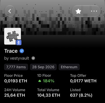 A mobile NFT marketplace screen shows a collection called 'Trace' by vestyvault on the Ethereum network, featuring 7,777 items, a floor price of 0.0193 ETH, and a 24H volume of 25.64 ETH.