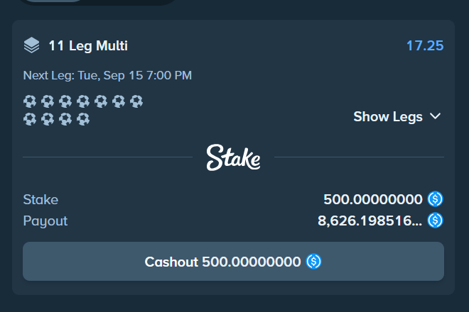A 11-leg multi-leg parlay on Stake with a $500 stake and a potential payout of $8,626.198516 displayed on the screen, supporting the post's claim of targeting an $8.5k slip.
