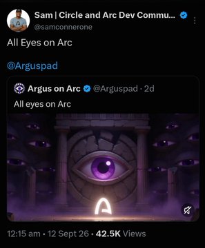 A screenshot of a tweet from Sam (@samconnerone) titled "All Eyes on Arc" quoting Argus on Arc (@Arguspad), which displays an image of a stone archway featuring a glowing purple eye alongside the Arc symbol, with the post showing 42.5K views from September 12. The image visually reinforces the tweet's message about Arc mainnet's upcoming launch by showcasing the Arc branding and the "All eyes on Arc" tagline tied to the $ARGUS launchpad narrative.