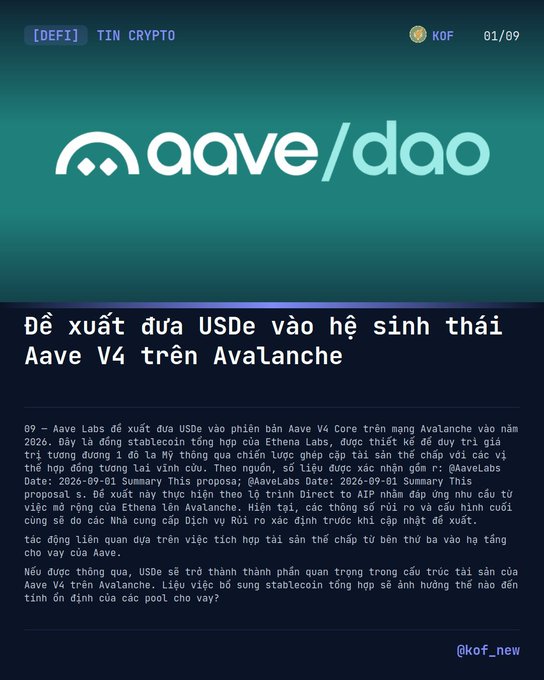A Vietnamese-language crypto news graphic labeled '[DEFI] TIN CRYPTO' by KOF discussing an Aave Labs proposal to bring USDe into the Aave V4 Core ecosystem on the Avalanche network in 2026.