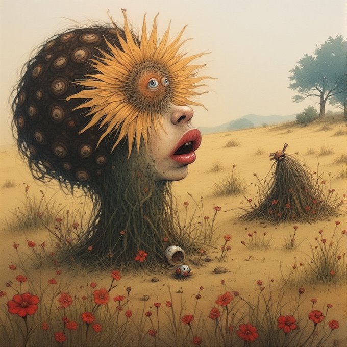 A surreal, dreamlike painting depicting a floating head with a sunflower over one eye and peacock-feather-like hair, set in a dry field with red flowers and a small bug nearby.
