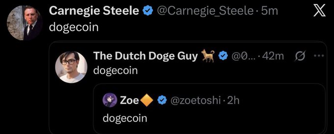 The image shows a social media post with two people's faces, one of whom has their name tagged "Carrie Steele". The post includes a message about dogecoins, which are digital coins that have become popular for sharing humorous or entertaining content on social media platforms. The post also mentions the Dutch Dogue Guy and the Dogecoin hashtag, indicating that it is related to these topics.