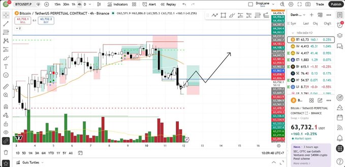 A TradingView candlestick chart for the BTCUSDT perpetual contract on Binance, showing an upward price projection arrow and a current price of 63,732.1 USDT.