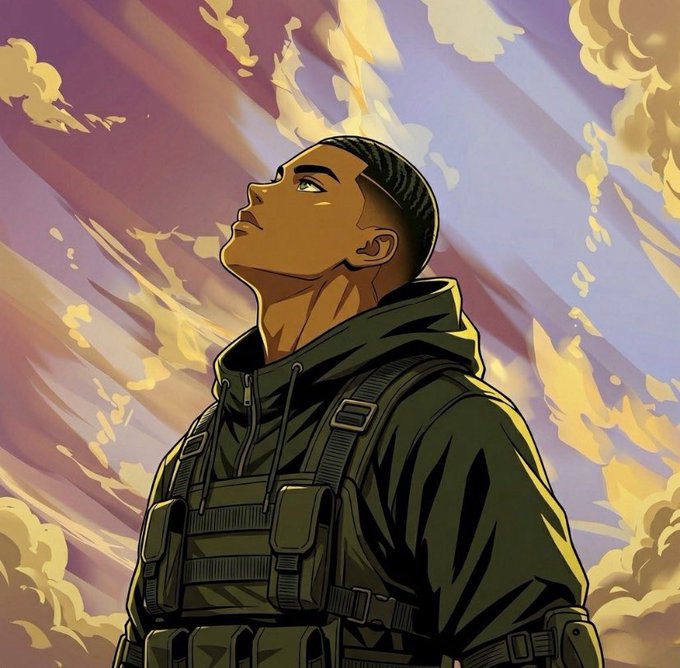 An illustrated portrait of a young man wearing a green tactical hoodie and vest, looking up toward a dramatic sky with rays of light breaking through golden clouds.