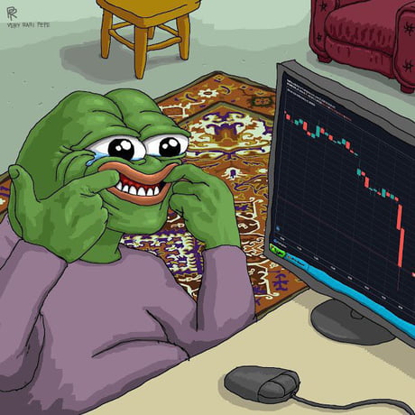The cartoon depicts a tearful Pepe the Frog looking despondently at a computer monitor showing a steep downward red candlestick chart, visually reinforcing the post's message that despite current losses, $PEPE will eventually rebound. The phrase "Things could be worse, $PEPE will go up again soon" serves as a hopeful reassurance to fellow holders experiencing the painful dip shown on the screen.