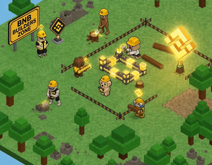 The image features a cartoon-like scene of people working together, possibly building something or fixing an issue. There are several small figures depicted in the scene, each wearing yellow hard hats for safety purposes. The group appears to be engaged in some sort of construction project or repair work. A sign is visible in the background that reads "You Know The Feeling When You'RE Building On @BNBCHAIN". This suggests a sense of camaraderie and shared experience among the people involved, as they collaborate on their task.
