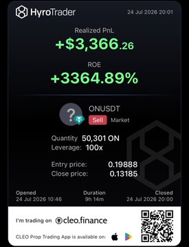 A HyroTrader screenshot displays a leveraged short position on ONUSDT with a realized profit of +$3,366.26 and ROE of +3,364.89%, opened on 24 Jul 2026 at 10:46 and closed the same day at 20:00. The image illustrates the post's theme of overcoming fear as a trader, showing a successful 100x leverage trade after an initial stop-loss hit, with the caption positioned just before a QR code linking to cleo.finance.