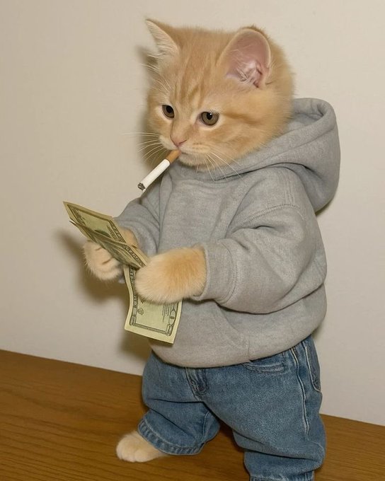 A humorous edited photo of an orange kitten with a human body wearing a grey hoodie and blue jeans, standing upright holding a dollar bill and a cigarette in its mouth.