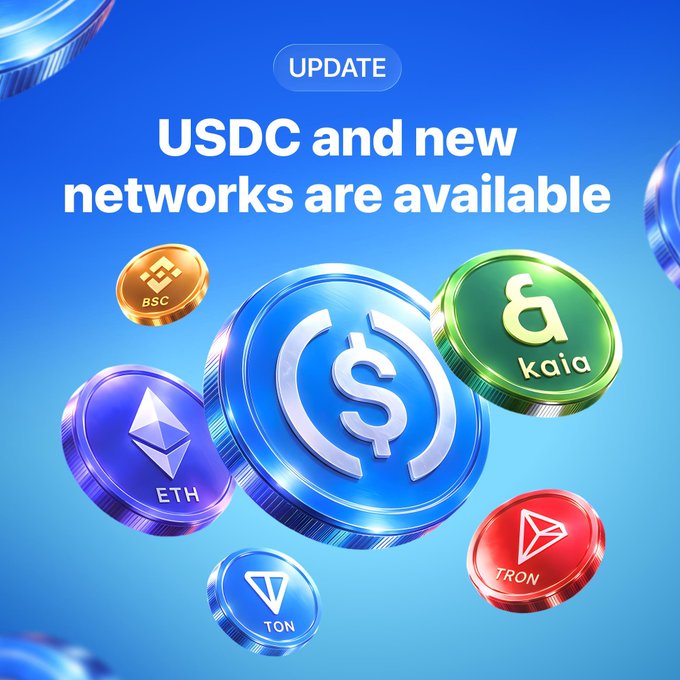 A promotional graphic on a blue background titled 'UPDATE: USDC and new networks are available,' featuring 3D coins for USDC, BSC, ETH, kaia, TON, and TRON.