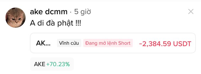A Facebook post by user "ake dcmm" excitedly declares "A đi đã phật !!!" (roughly "Let's go, Amitabha Buddha!!!") while showing an open short position on AKE perpetual futures showing a -2,384.59 USDT loss, with AKE up 70.23%—illustrating the post's warning about how meme coin trading often ends in losses despite hopeful prayers.