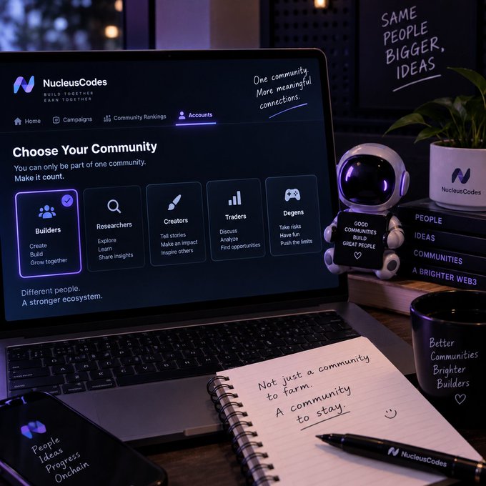 A desk setup featuring a laptop displaying the NucleusCodes platform with a "Choose Your Community" interface showing options like Builders, Researchers, and Creators, accompanied by a robot figurine, a notebook with handwritten notes, and branded merchandise.
