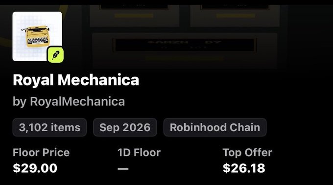 An NFT marketplace listing showing 'Royal Mechanica by RoyalMechanica' with 3,102 items, a floor price of $29.00, and a top offer of $26.18.
