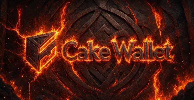 A dramatic banner for "Cake Wallet" featuring a fiery logo and text glowing with molten lava against a dark, cracked stone background.