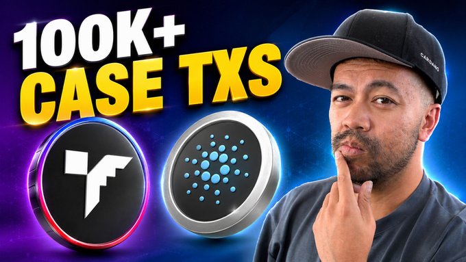The image features a man wearing a baseball cap with the words "100k+ case txs" written above his head, suggesting that he has been involved in 100,000+ transactions using Cardano's blockchain technology. The caption below him reads "A live police forensics workflow on Cardano is something else", indicating that the post might be related to a real-world scenario involving the use of Cardano for crime detection or investigation purposes.