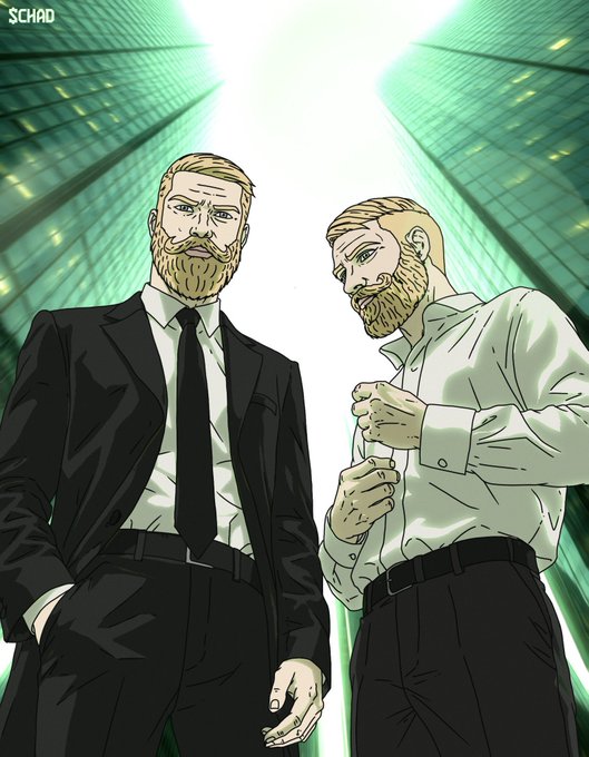 A digital illustration signed 'SCHAAD' depicting two bearded blonde men in business attire standing between skyscrapers.