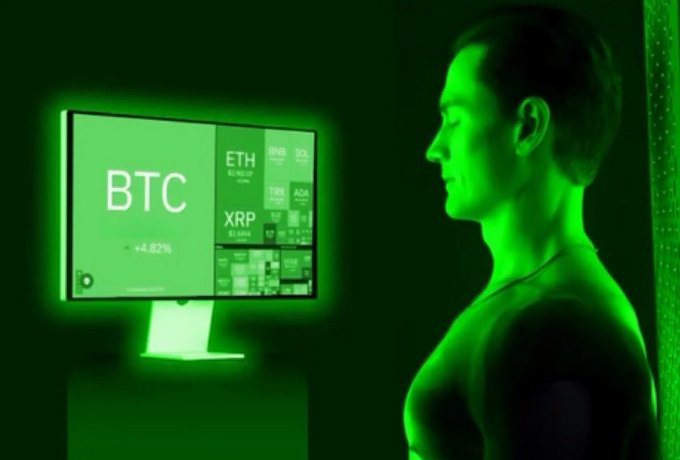 A green-lit scene showing a person in profile looking at a monitor displaying cryptocurrency prices, prominently featuring BTC up 4.82%, along with ETH, XRP, and other tickers.