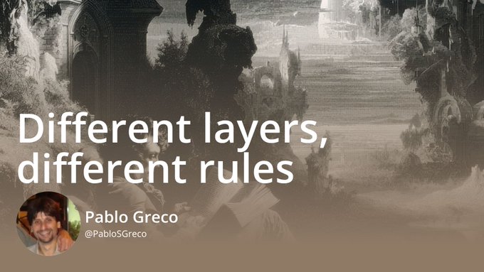 A presentation slide features the text "Different layers, different rules" and "Pablo Greco @PabloSGreco" overlaid on a sepia-toned historical illustration of people reading.