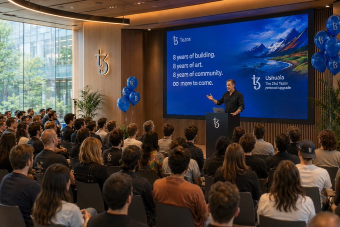 A Tezos corporate event with a speaker at a podium addressing a seated audience; the screen displays '8 years of building. 8 years of art. 8 years of community. ∞ more to come' and a 't3' balloon, with 'Ushuaia' and 'The 21st Tezos protocol upgrade' also visible.
