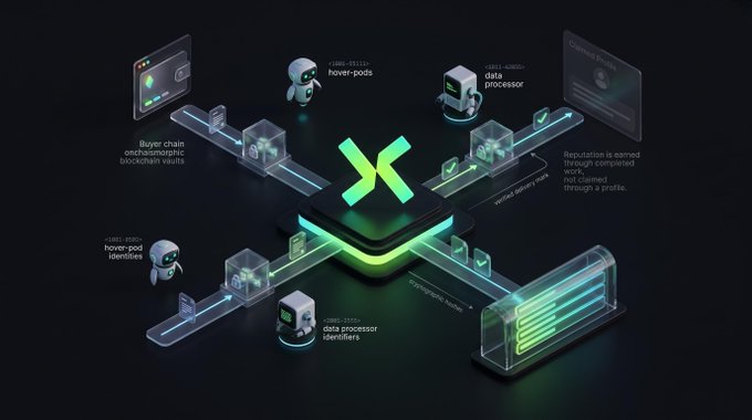 A 3D infographic titled 'Buyer chain enigmatic provenance vests' illustrates a blockchain or data processing network with a central green 'X' symbol.